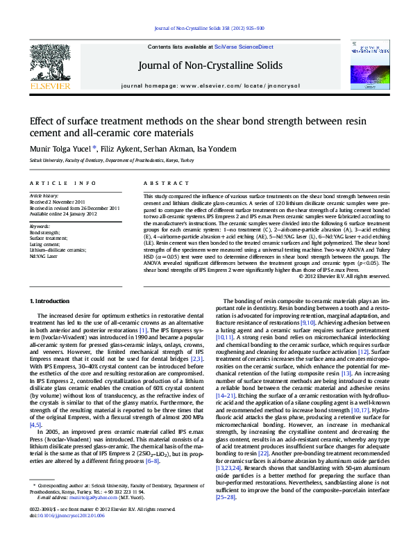 (PDF) Effect of surface treatment methods on the shear bond strength ...