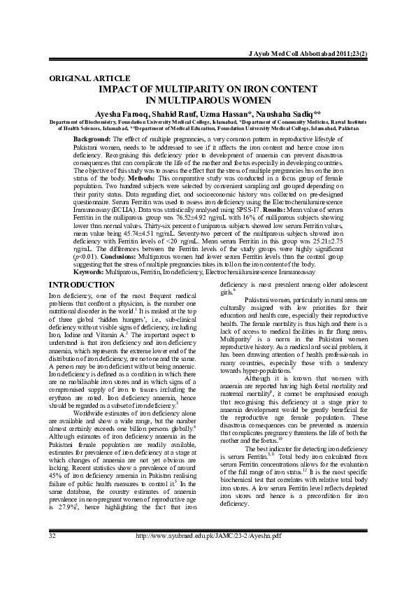 (PDF) Impact of multiparity on iron content in multiparous women