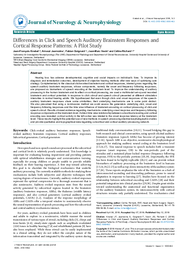 (PDF) Differences in Click and Speech Auditory Brainstem Responses and ...
