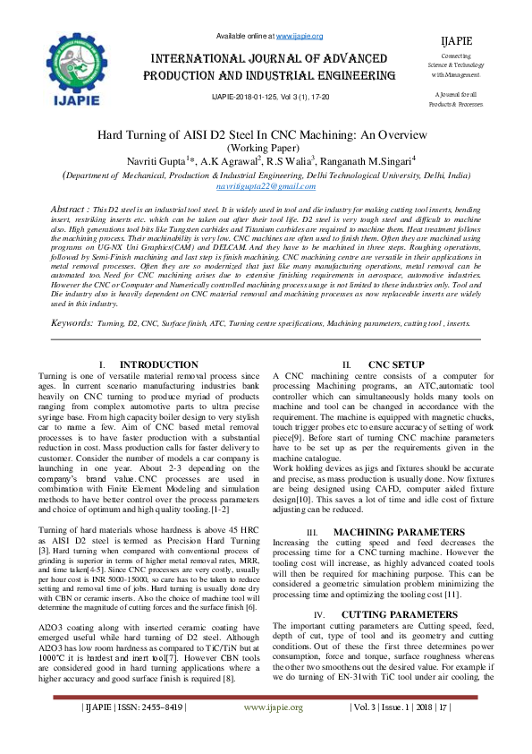 (PDF) Hard Turning of AISI D 2 Steel In CNC Machining : An Overview ...
