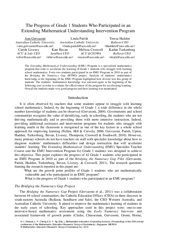 (PDF) The progress of grade 1 students who participated in an extending ...