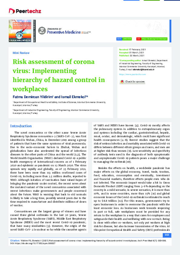(PDF) Risk assessment of corona virus: Implementing hierarchy of hazard ...