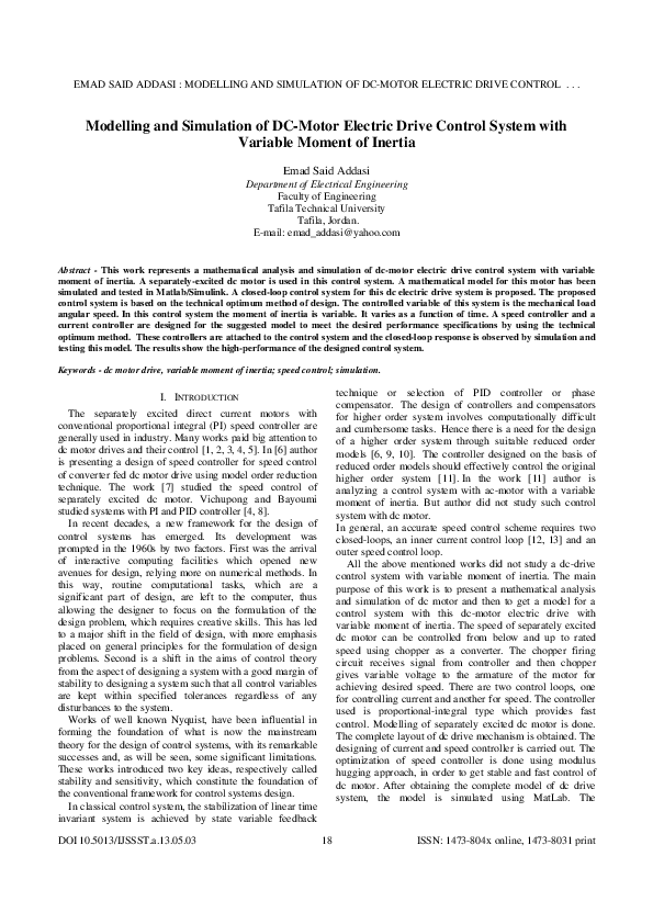 (PDF) Modelling and Simulation of DC-Motor Electric Drive Control ...