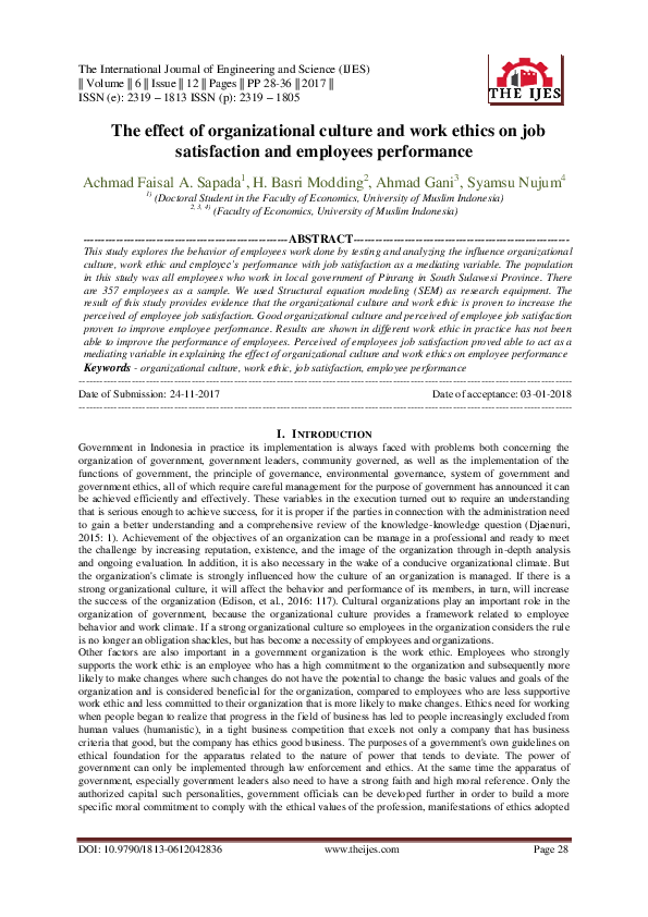 (PDF) The effect of organizational culture and work ethics on job ...