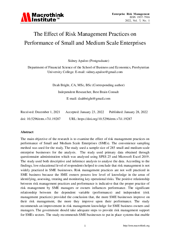 (PDF) The Effect of Risk Management Practices on Performance of Small ...
