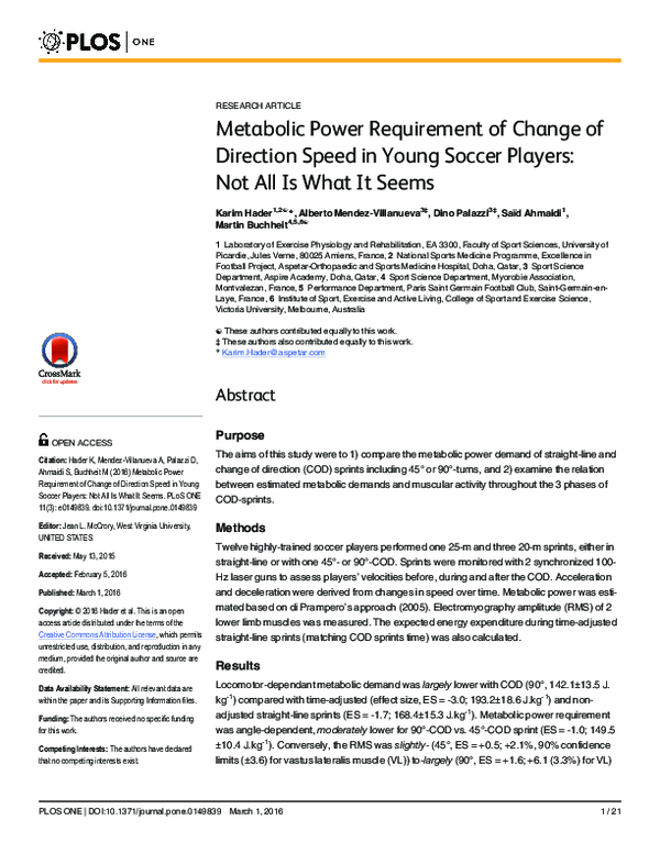 (PDF) Metabolic Power Requirement of Change of Direction Speed in Young ...