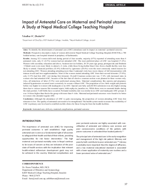 (PDF) Impact of Antenatal Care on Maternal and Perinatal utcome: A ...
