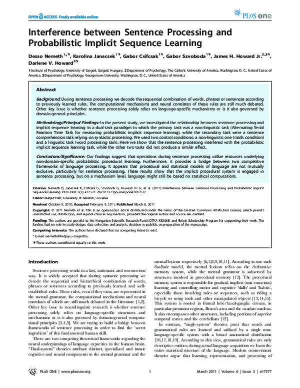 (PDF) Interference between sentence processing and probabilistic ...