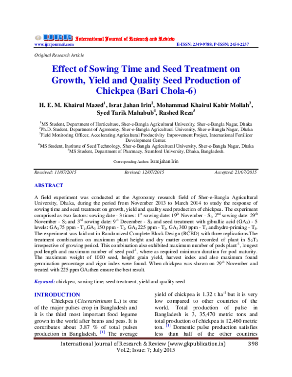 (PDF) Effect of Sowing Time and Seed Treatment on Growth, Yield and ...
