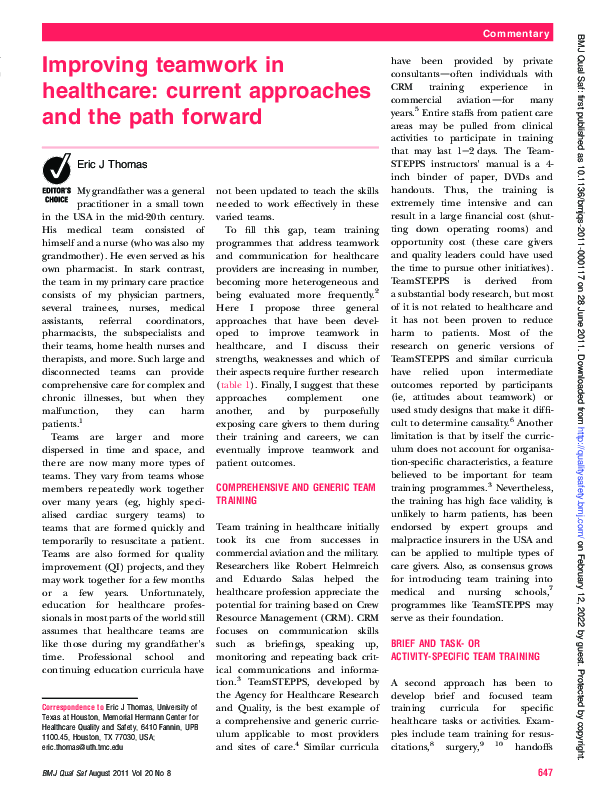 (PDF) Improving teamwork in healthcare: current approaches and the path ...