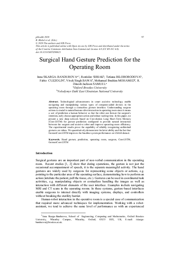 (PDF) Surgical Hand Gesture Prediction for the Operating Room