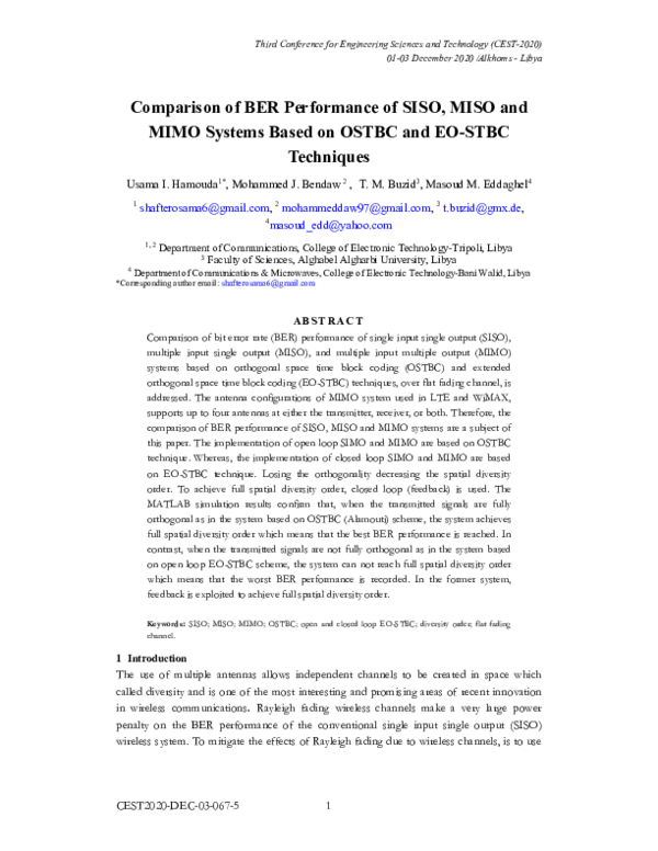 (PDF) Comparison of BER Performance of SISO, MISO and MIMO Systems ...