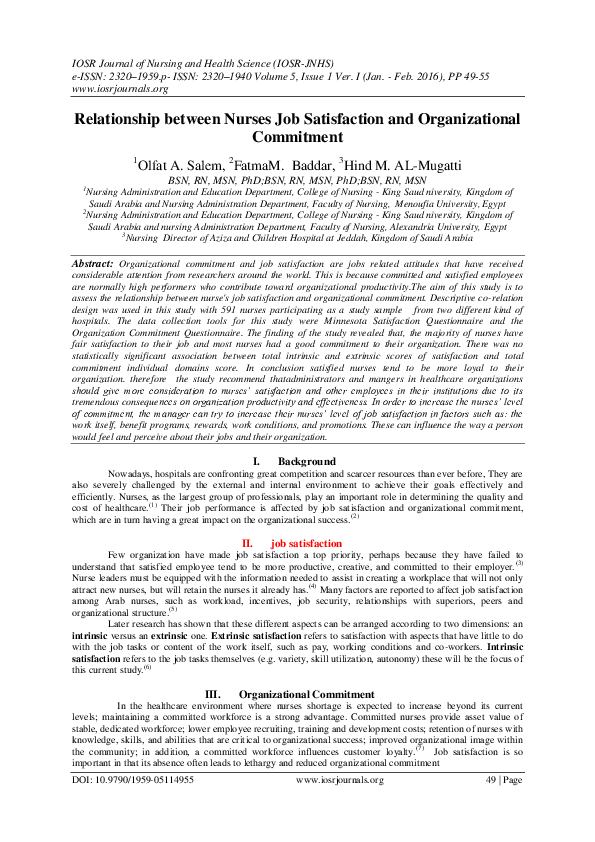 (PDF) Relationship between Nurses Job Satisfaction and Organizational ...