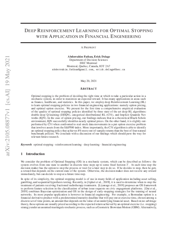 (PDF) Deep Reinforcement Learning for Optimal Stopping with Application ...