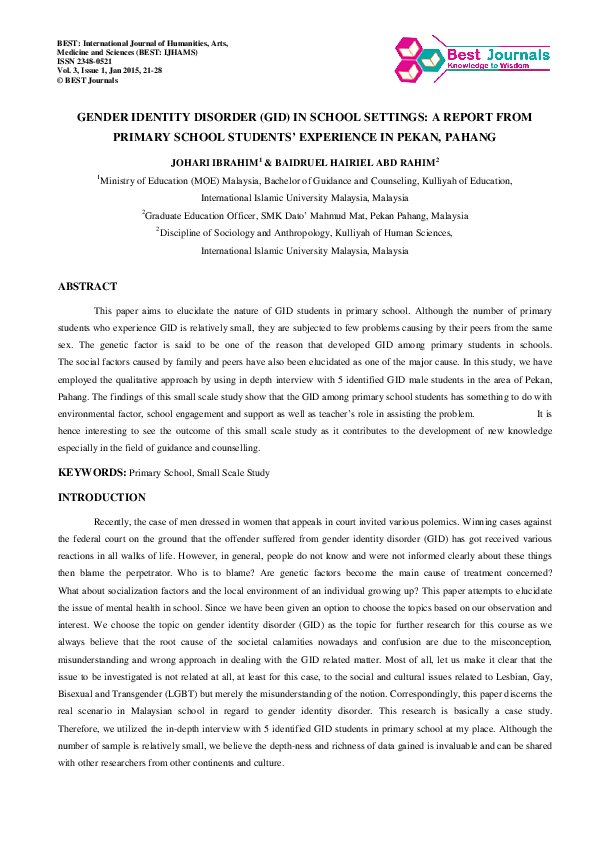 (PDF) Gender Identity Disorder (Gid) in School Settings: A Report from