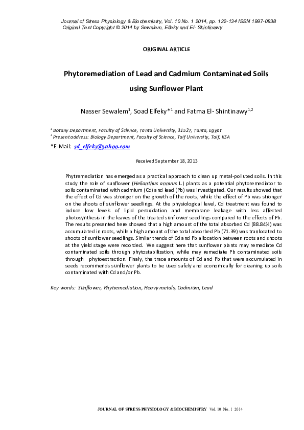 (PDF) Phytoremediation of lead and cadmium contaminated soils using ...