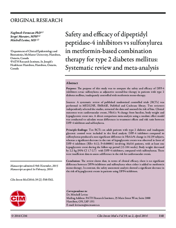 Sulfonylurea Combination Therapy Reference: Pdf Safety And Efficacy Of Dipeptidyl Peptidase 4 Inhibitors Vs