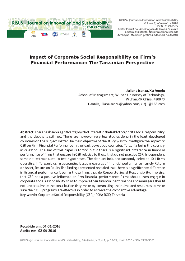 (PDF) Impact of Corporate Social Responsibility on Firm ’ s Financial ...