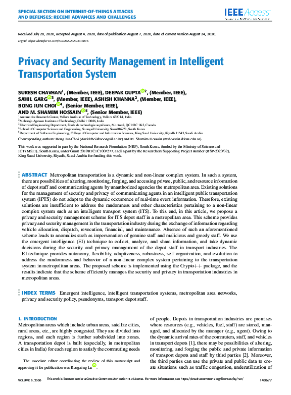 (PDF) Privacy and Security Management in Intelligent Transportation System
