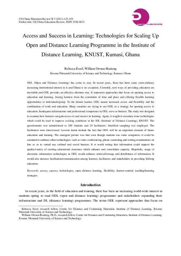 (PDF) Access and Success in Learning: Technologies for scaling up open ...
