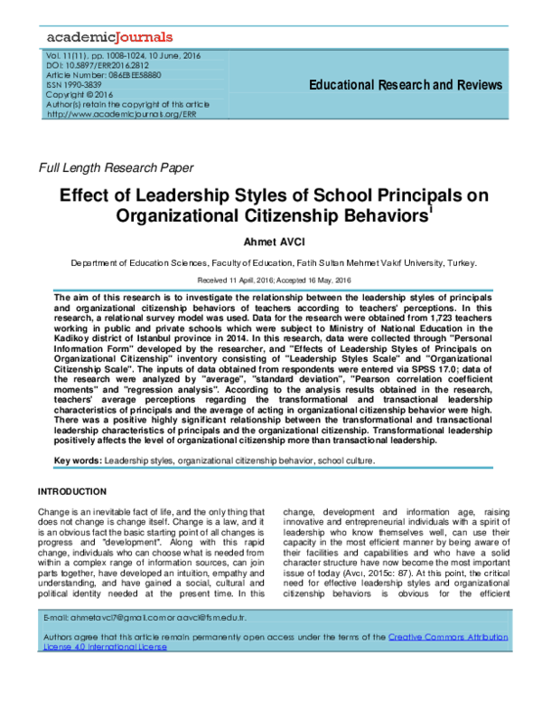 (PDF) The Effect of Leadership Styles of School Principals on ...