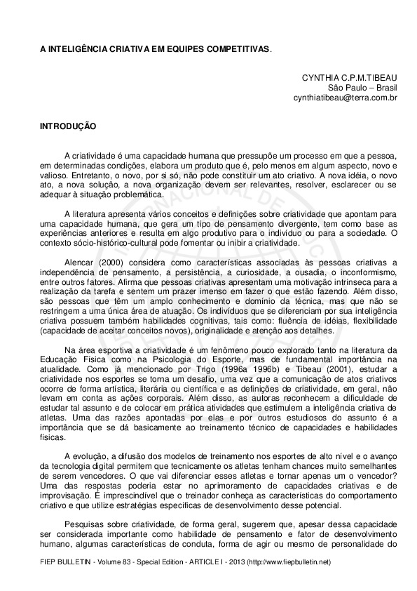 A Inteligência Criativa Em Equipes Competitivas