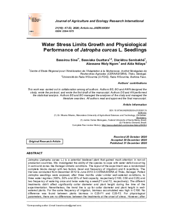 (PDF) Water Stress Limits Growth and Physiological Performance of ...