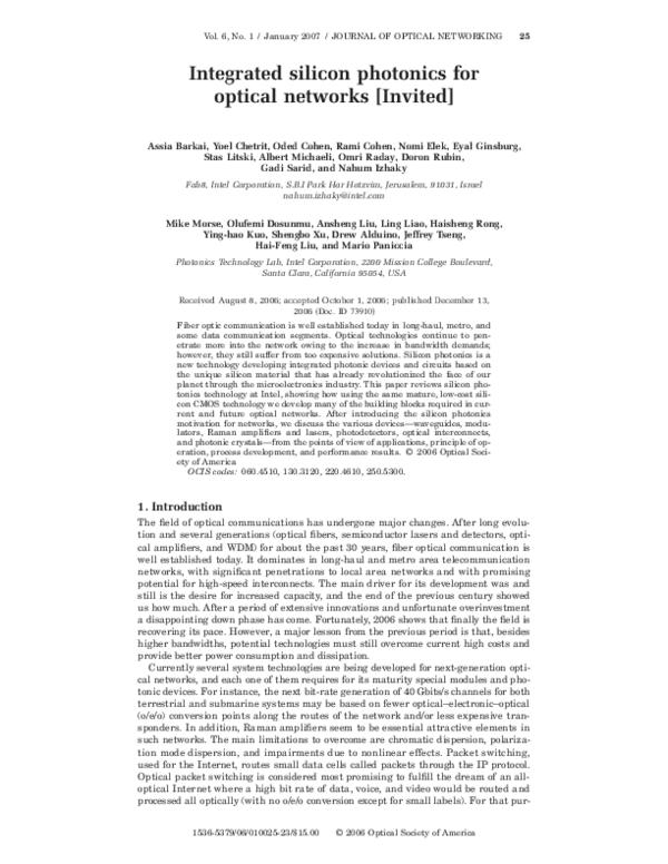 (PDF) Integrated silicon photonics for optical networks [Invited]