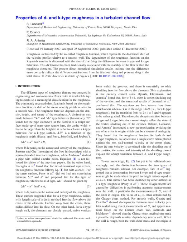 (PDF) Properties of d-and k-type roughness in a turbulent channel flow