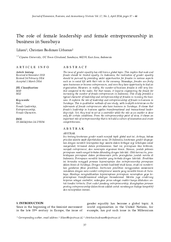 (PDF) The role of female leadership and female entrepreneurship in ...