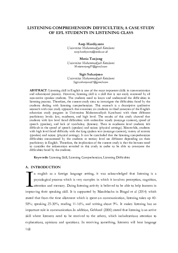 (PDF) Listening Comprehension Difficulties; a Case Study of Efl ...