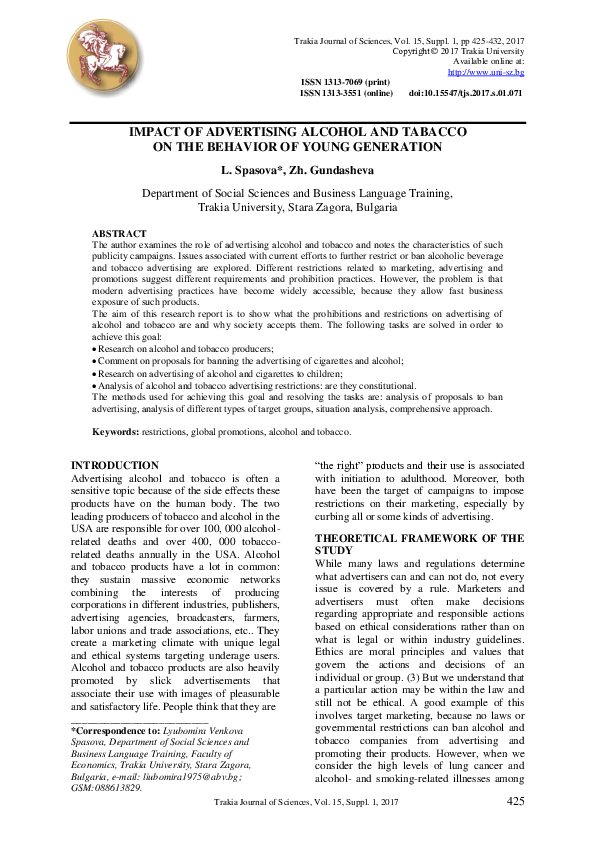 (PDF) IMPACT OF ADVERTISING ALCOHOL AND TABACCO ON THE BEHAVIOR OF ...