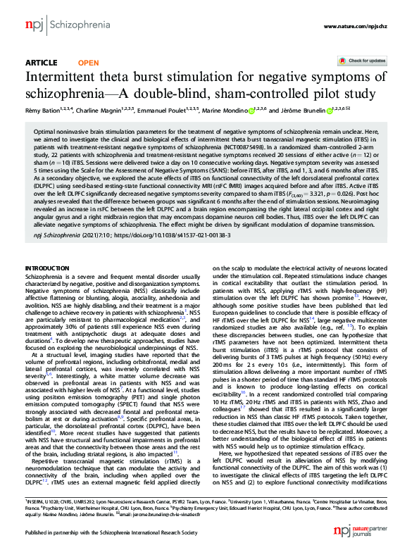 (PDF) Intermittent theta burst stimulation for negative symptoms of ...