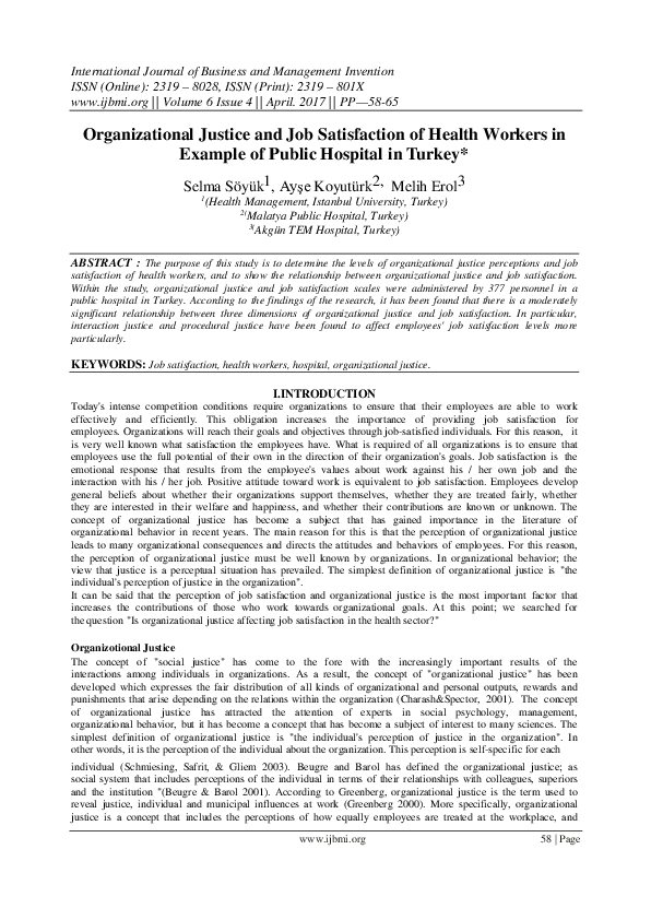 (PDF) Organizational Justice and Job Satisfaction of Health Workers in ...