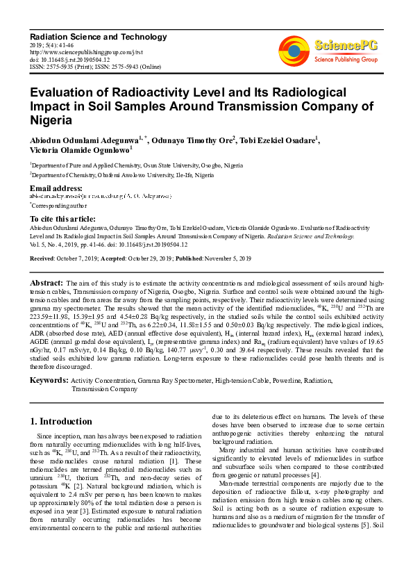 (PDF) Evaluation of Radioactivity Level and Its Radiological Impact in ...
