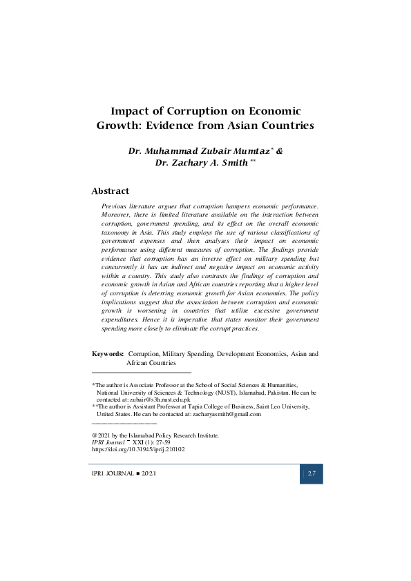 (PDF) Impact of Corruption on Economic Growth: Evidence from Asian ...