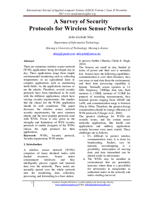 (PDF) A Survey of Security Protocols for Wireless Sensor Networks