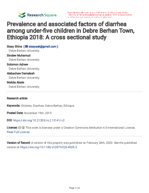 (PDF) Prevalence and associated factors of diarrhea among under-five ...
