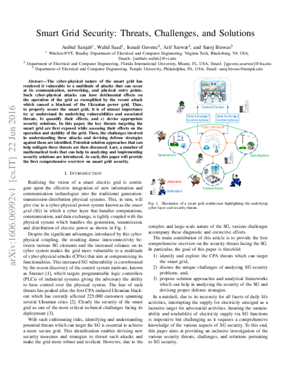 (PDF) Smart Grid Security: Threats, Challenges, and Solutions