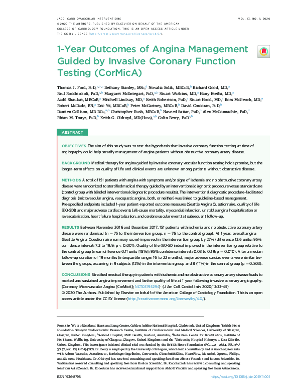  pdf one year outcomes of angina management guided by invasive