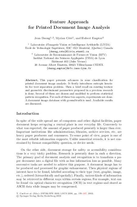 (PDF) Feature Approach for Printed Document Image Analysis