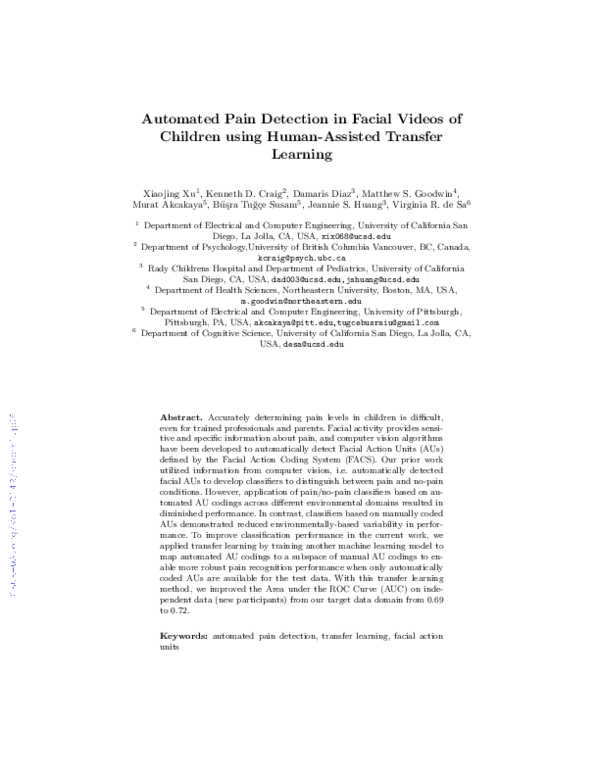 (PDF) Automated pain detection in facial videos of children using human ...