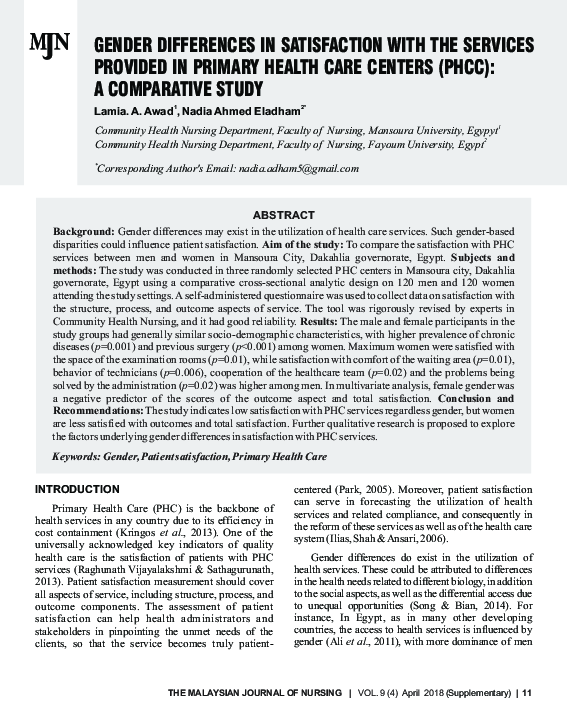 (PDF) GENDER DIFFERENCES IN SATISFACTION WITH THE SERVICES PROVIDED IN ...