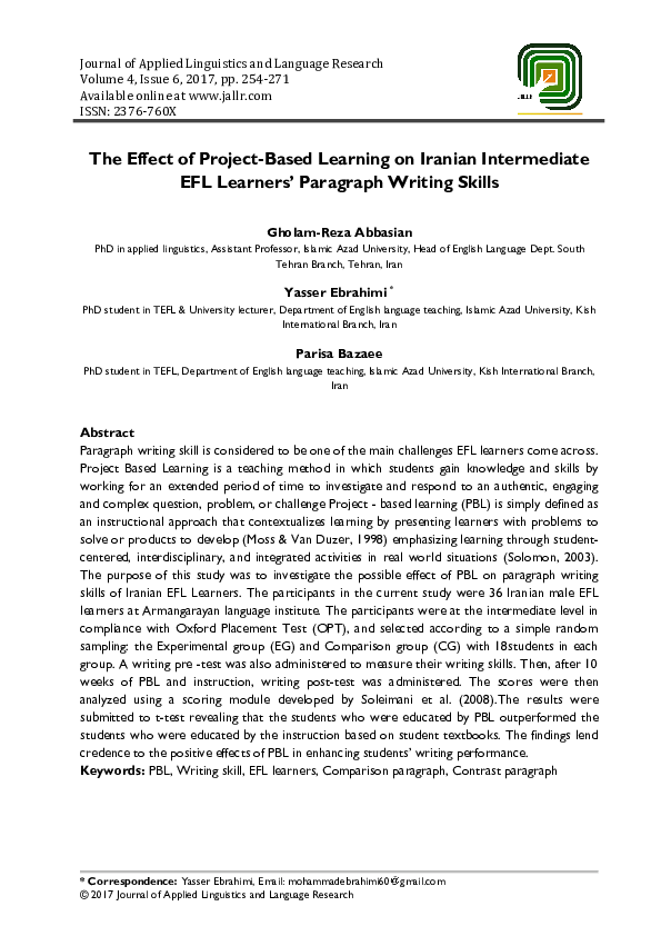 (PDF) The Effect of Project-Based Learning on Iranian Intermediate EFL ...