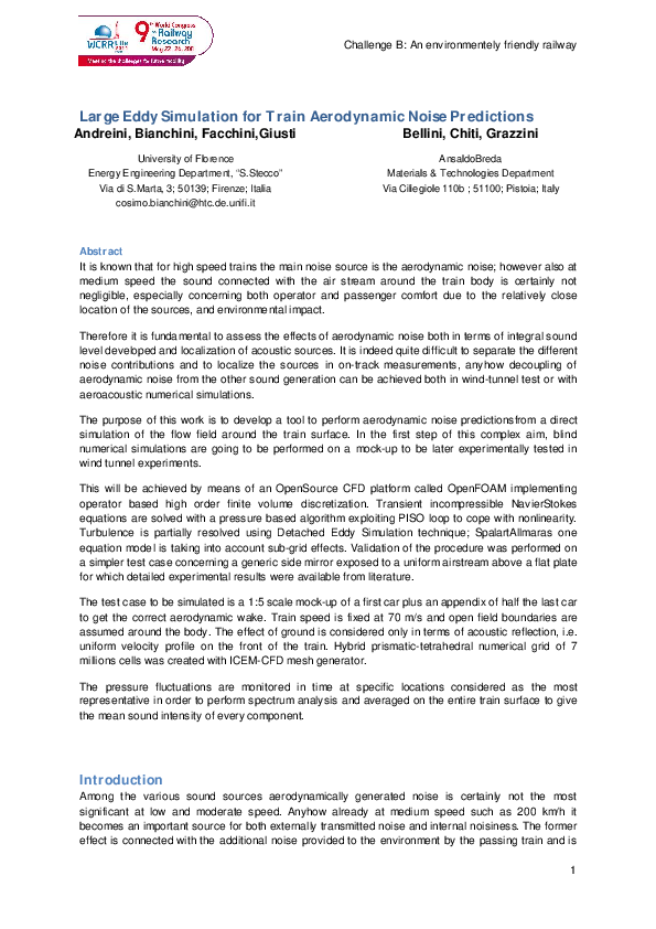 (PDF) Large Eddy Simulation for Train Aerodynamic Noise Predictions