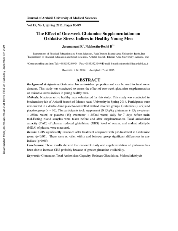 The Effect of One-week Glutamine Supplementation on Oxidative Stress Indices in Healthy Young Men