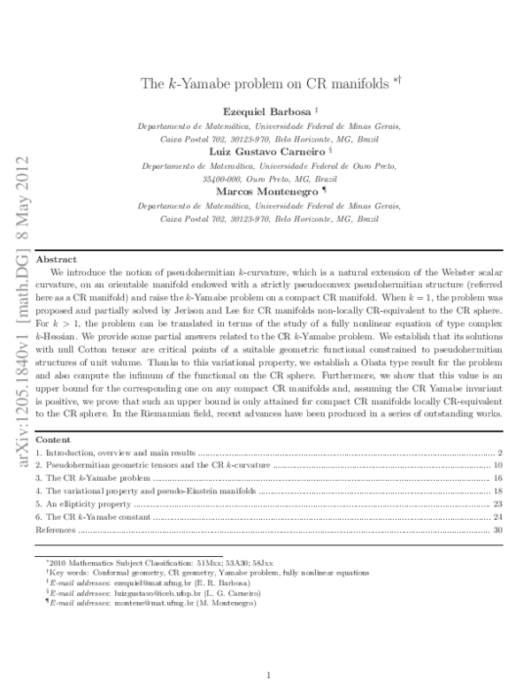 (PDF) The k-Yamabe problem on CR manifolds ∗†