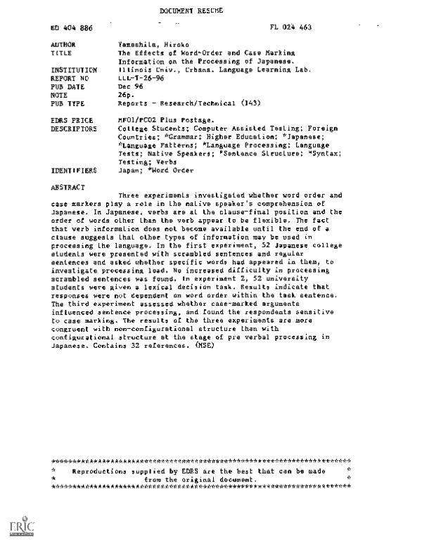 (PDF) THE EFFECTS OF WORD-ORDER AND CASE MARKING INFORMATION ON THE ...