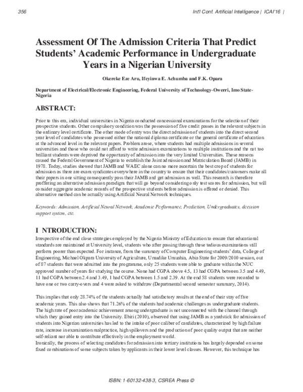 Pdf Assessment Of The Admission Criteria That Predict Students Academic Performance In Pdf Assessment Of The Admission Criteria That Predict Students Academic Performance In