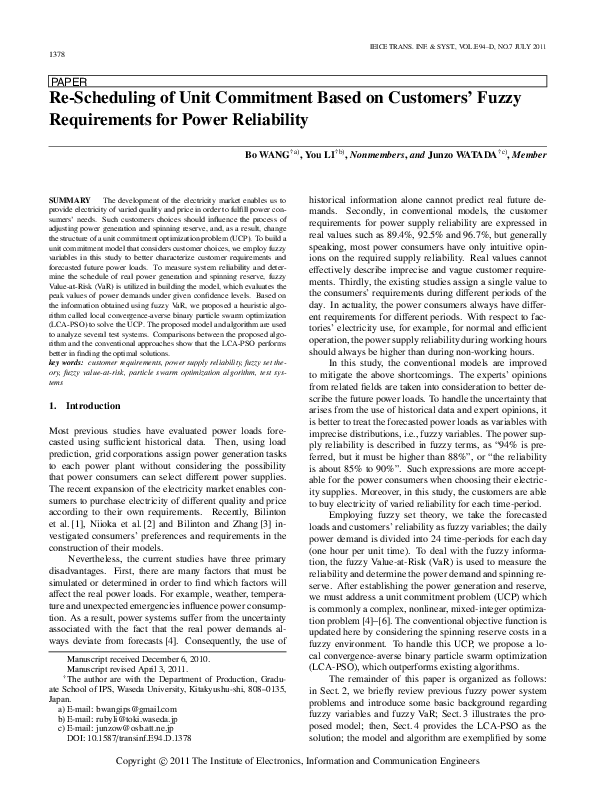 (PDF) Re-Scheduling of Unit Commitment Based on Customers' Fuzzy ...